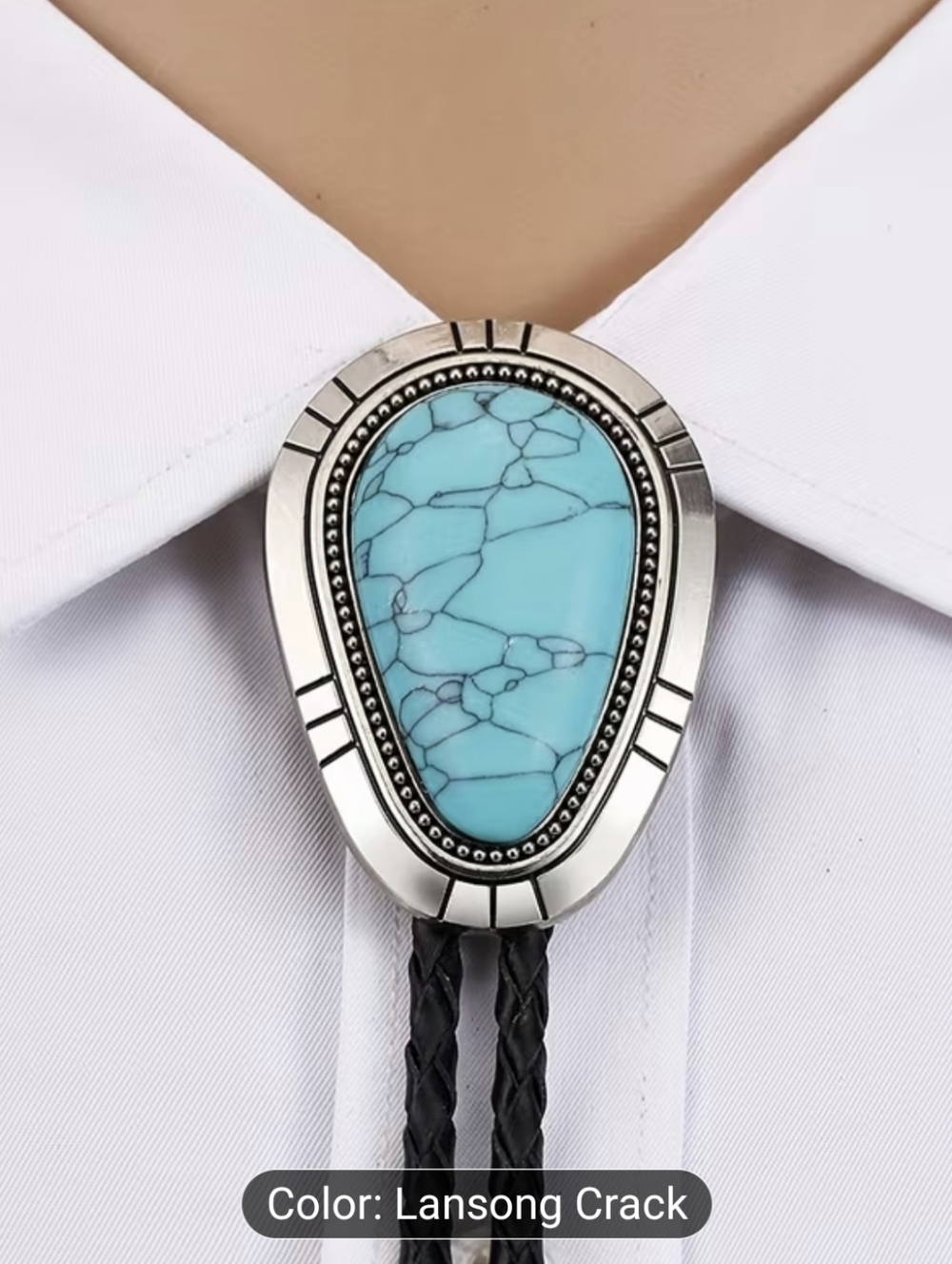 Western Turquoise-style Bolo Tie Silver Tone Cowboy Southwestern Style TM2B5E